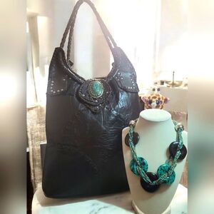 All Leather Brown Women's Tote Bag And NECKLACE SET IN EUC
